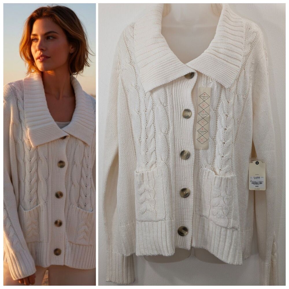 New XL Chunky Cable Knit Cardigan Sailor Collar Button Cozy core St. John's Bay